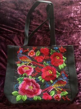 Black Tote Bag with Vibrant Embroidered Flowers & Birds NEW